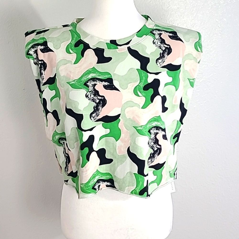 Open Edit Crop-top, Black, White, Green, Pink Swirls, Size Large, NWOT